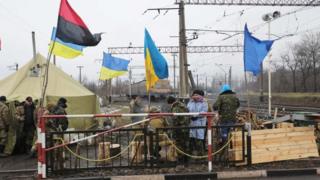 Ukrainian war veterans and activists block rail lines in Kryvyi Torets, eastern Ukraine. Photo: 23 February 2017