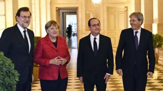 Versailles summit: (L-R) Spanish Prime Minister Mariano Rajoy, German Chancellor Angela Merkel, French President Francois Hollande and Italian Prime Minister Paolo Gentiloni