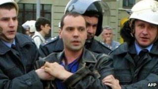 Oleg Bebenin being detained by Belarussian police in an undated photo