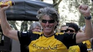 Stefaan Engels crosses the finish line in Barcelona, 5 February