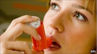 Woman using inhaler