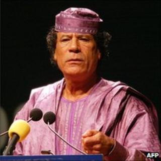 Libyan leader Colonel Muammar Gaddafi addressing the final summit of the Organisation of African Unity (which the African Union succeeded), in Durban, South Africa, July 2002
