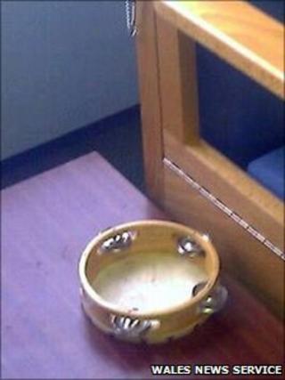 Tambourine used in the day room of the west wing at Cardiff Royal Infirmary