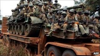 Ugandan soldiers patrolling northern Uganda in February following an LRA attack