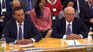 James Murdoch and Rupert Murdoch give evidence before a parliamentary committee