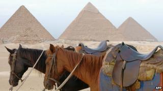 The pyramids of Giza with the Great Pyramid on the right - 24 November 2004