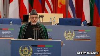 President Hamid Karzai addresses Bonn talks. 5 Dec 2011