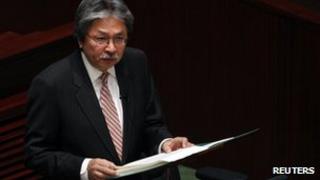 Hong Kong Financial Secretary John Tsang delivers his budget speech