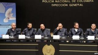 Former Farc hostages left to right: Police Officers Wilson Rojas Medina, Wilson Humberto Romero, Jose Libardo Forero, Cesar Augusto Lasso, Carlos Jose Duarte and Jorge Trujillo Solarte