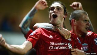 Andy Carroll celebrating with Martin Skrtel
