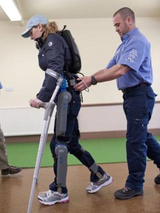 Claire Lomas wearing the "robot legs"