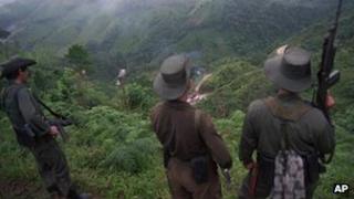 Farc rebels watch a road block in Caqueta state, file picture