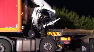 Wreckage of lorry