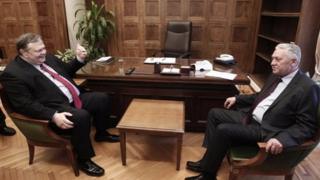 Greek Socialist leader Evangelos Venizelos. left. talks with Democratic Left leader Fotis Kouvelis at his office at the Greek Parliament in Athens on Thursday May 10, 2012