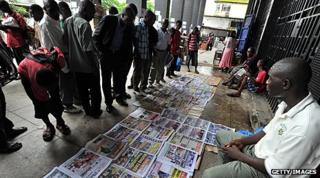 Newspaper vendor in Monrovia