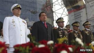 President Chavez (second from left) attends a ceremony to mark Navy Day in Puerto Cabello on 24 May