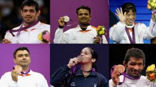 India's Olympic medal winners: Sushil Kumar, Vijay Kumar, Mary Kom, Gagan Narang, Saina Nehwal and Yogeshwar Dutt (clockwise)