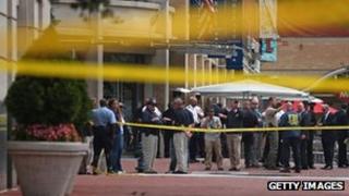 Officials gather outside the Family Research Council offices in Washington DC 15 August 2012