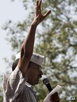 India Against Corruption (IAC) activist Arvind Kejriwal speaks to supporters after his release in New Delhi, India, Saturday, Oct. 13, 2012.