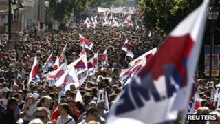 Members of Greece's Communist party march in Athens