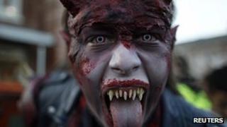 A costumed performer during a Halloween horror party in the western city of Bottrop, Germany (file image from 18 October 2012)