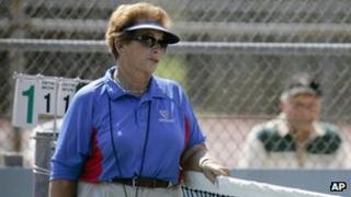 tennis referee Lois Goodman is shown while officiating a CIF tennis tournament, 2008