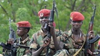 A picture taken on 21 June 2008 shows Chadian soldiers in N'Djamena