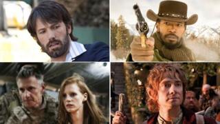 Clockwise from top left: Argo director Ben Affleck; Jamie Foxx in Django Unchained; Martin Freeman in The Hobbit: An Unexpected Journey; a scene from Zero Dark Thirty featuring Jessica Chastain