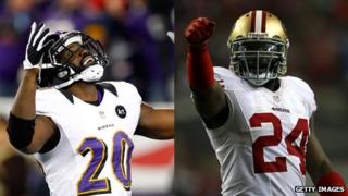 Ed Reed of the Baltimore Ravens (left) and Anthony Dixon of the San Francisco 49ers