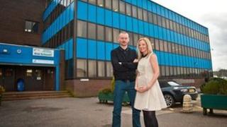 John Gordon Sinclair and Clare Grogan outside Abronhill High