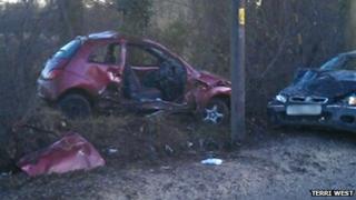 Wreckage of car crash on Runwell Road