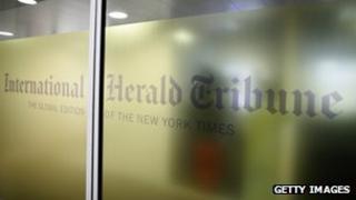 International Herald Tribune logo at the newspaper's Paris headquarters