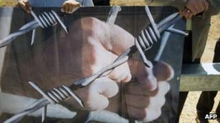 Poster from a protest outside Israel's Megiddo Prison demanding the release of Palestinian prisoners on 28 March