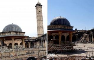 AFP photograph of Aleppo's Umayyad Mosque and its minaret (16 April 2013) and purported photograph showing mosque without minaret after its destruction (24 April 2013)