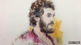 Colorado shooting suspect James Holmes is pictured in a courtroom sketch during a hearing in Centennial, Colorado 1 April 2013
