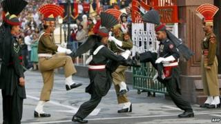 Indian and Pakistani border guards at Wagah crossing. File photo