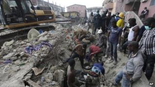 Rescue operations in Lagos, Nigeria, after a building collapses (11 July 2013)