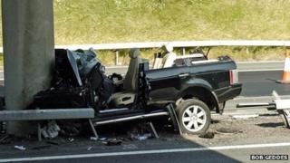 The Range Rover hit a bridge support on the motorway