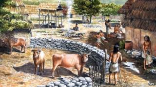 Artwork of Neolithic village