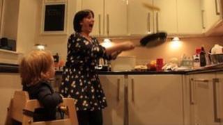 Natalie Cassidy and baby Eliza - pancake flipping