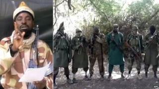 Left: Boko Haram leader Abubakar Shekau Right: The Boko Haram leader lined up with other militants