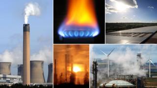 Composite photo: Some power plants, a gas stove, solar energy panels, and some wind turbines