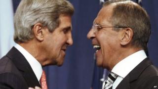US Secretary of State John Kerry, left, and Russian Foreign Minister Sergei Lavrov shake hands after making statements during a news conference following meetings regarding Syria in Geneva, Switzerland, Saturday 14 September, 2013.
