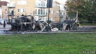 Bus after the fire on Leyton Green Road