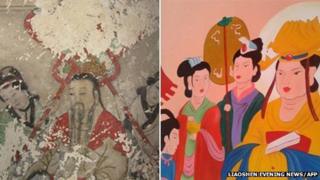 Ancient Buddhist frescos in a temple in northern China before and after "restoration"