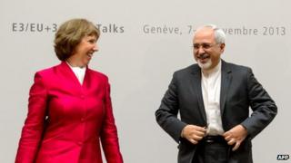 EU foreign policy envoy Catherine Ashton with Iranian Foreign Minister Mohammad Javad Zarif, Geneva (7 November)