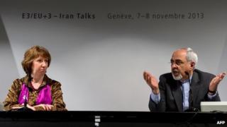 Catherine Ashton and Mohammad Javad Zarif after the talks in Geneva (10 November 2013)