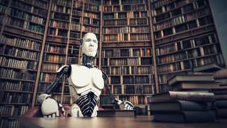 Robot sitting in a library