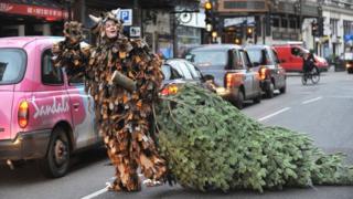 Man in costume drags a tree