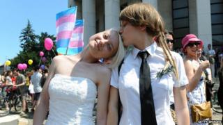 Two women at a Gay Parade in Zagreb